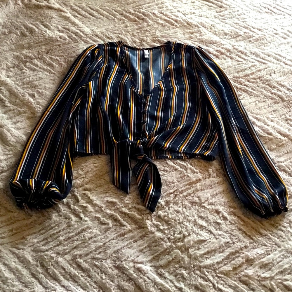 Balloon Sleeve Striped V-Neck Crop Top!